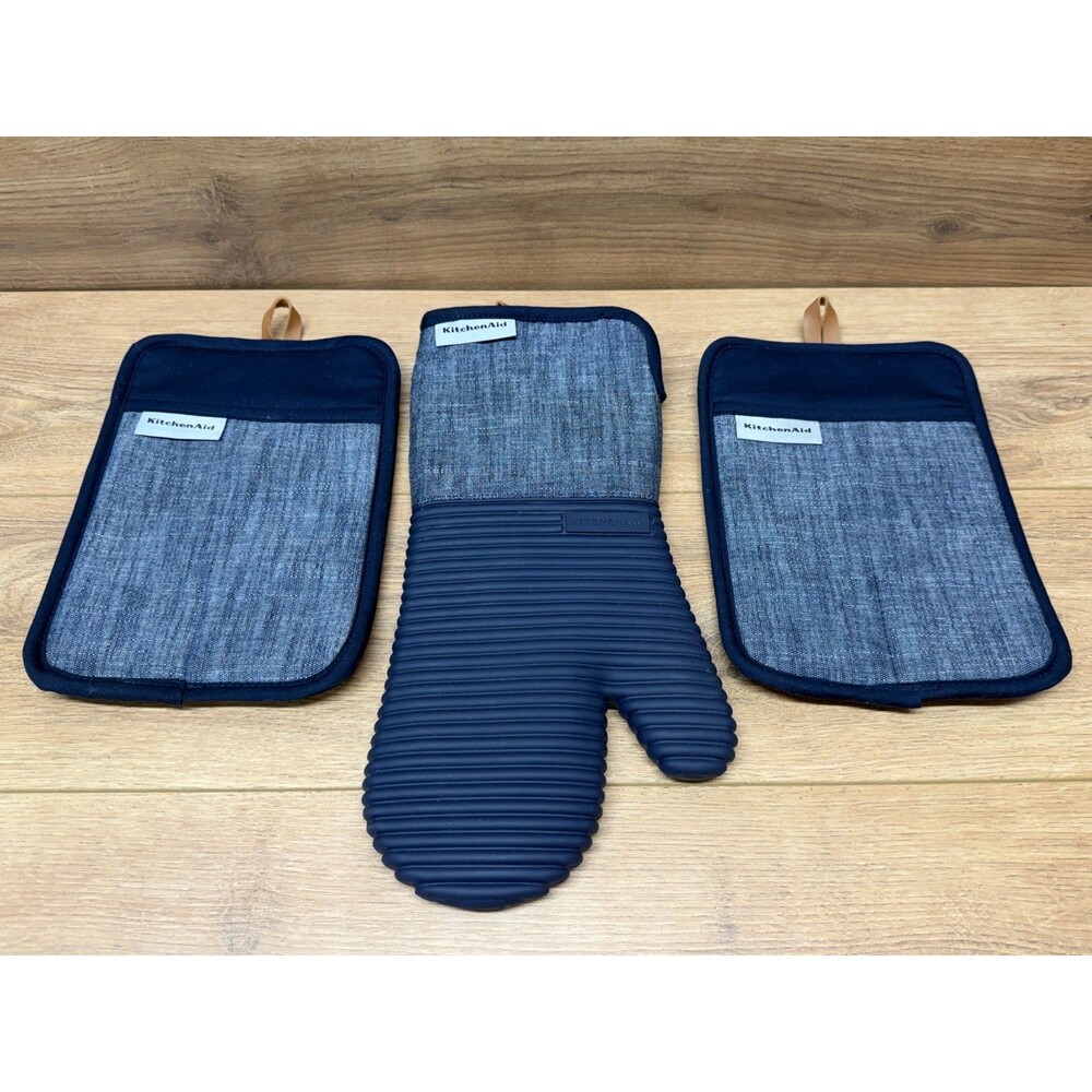 KitchenAid 3 Piece Silicone Oven Mitt Set w/ Oven Mitt & 2 Pot Holders - Blue